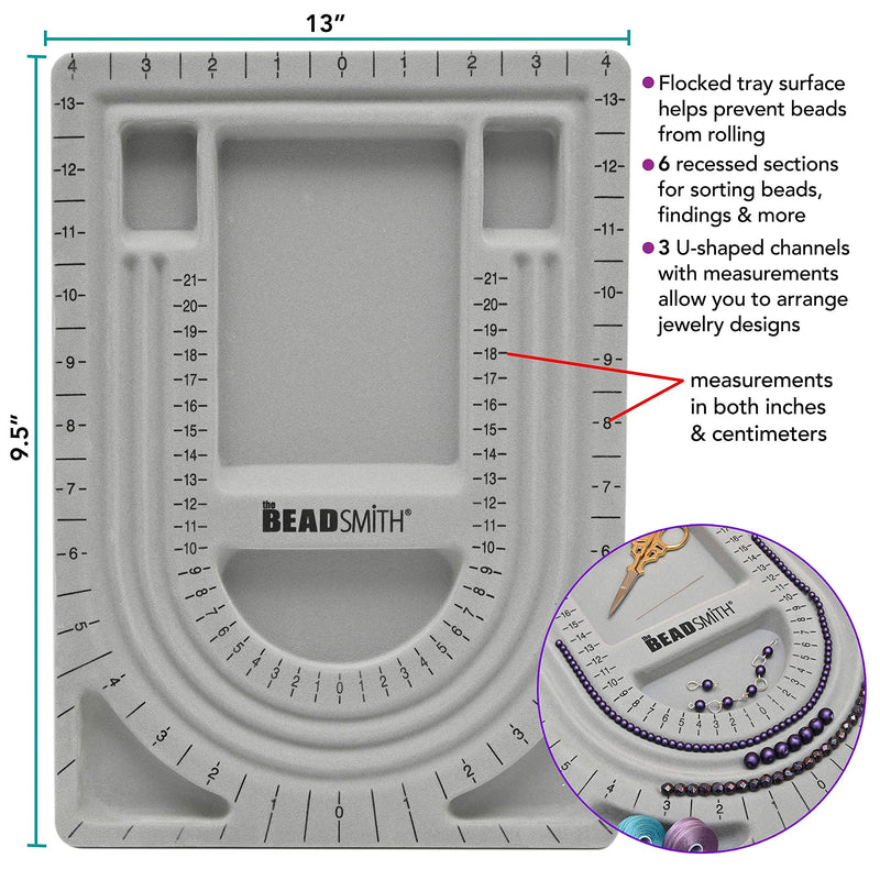 The Beadsmith Bead Board, Grey Flocked, 3 U-Shaped Channels, 6 Recessed Compartments, 9.5 x 13 inches, Design Boards for Creating Bracelets, Necklaces and Other Jewelry 28" - 3 Channel - NewNest Australia