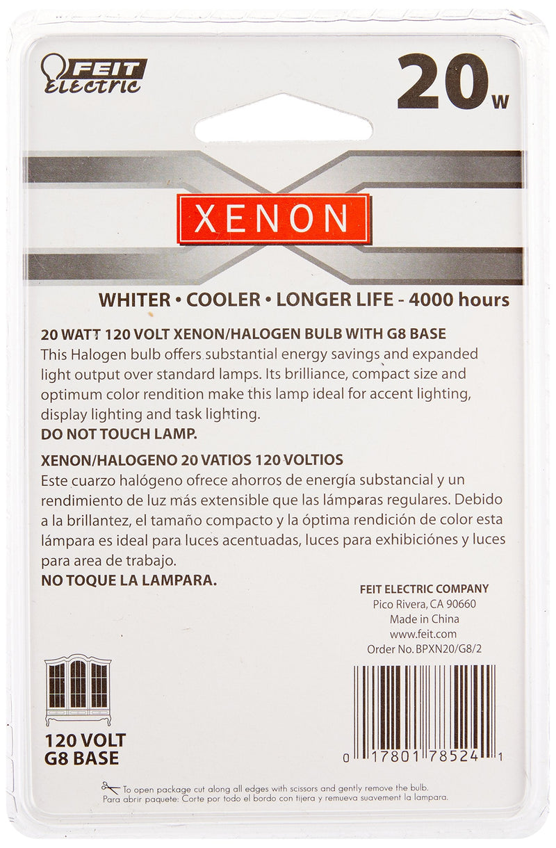 Feit Electric BPXN20/G8/2 Xenon 20-Watt 120-Volt T4-Shape G8 Bi-Pin-Base Halogen Light Bulb, 3000K Warm White, 2 Pack - NewNest Australia