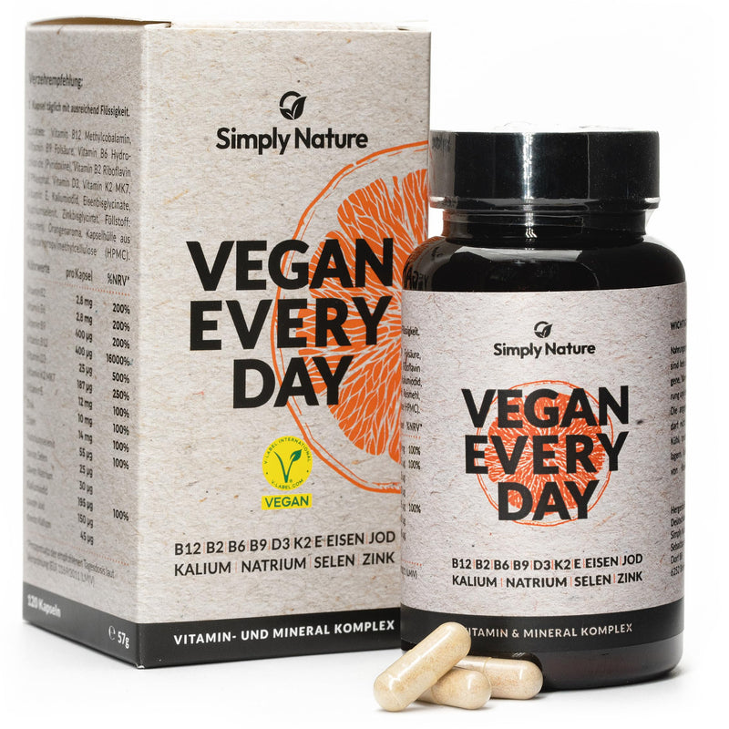 Vegan Every Day - Food Supplement - 4 Months - 13 Ingredients - B12 + B2 + B6 + B9 + D3 + K2 + E + Iron + Iodine + Potassium + Sodium + Selen + Zinc - High Dosage - 120 Capsules - Vegan - Made In Germany - NewNest Australia