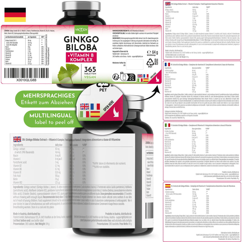 Vegan Ginkgo Biloba Extract High Dose - with Vitamin B12 Helps Reduce Tiredness and Fatigue - 365 Small Tablets That Are Easy to Take 365 Pieces (Pack of 1) - NewNest Australia