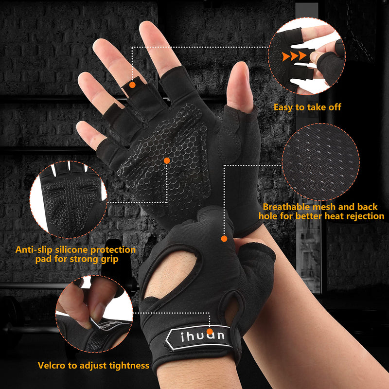 ihuan New Breathable Workout Gloves for Women & Men - No More Sweaty & Full Palm Protection Gym Exercise, Fitness, Weightlifting, Pull-ups, Deadlifting, Rowing Black Medium - NewNest Australia