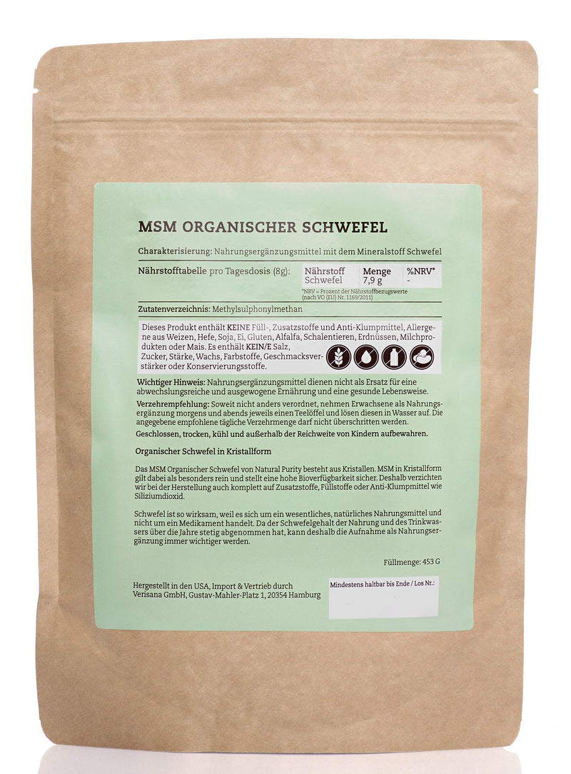 MSM Organic Sulfur Crystals (99.9% Methylsulfonylmethane) Natural Purity - 453g pure crystal form - higher bioavailability and higher dosage than capsules and powder - NewNest Australia