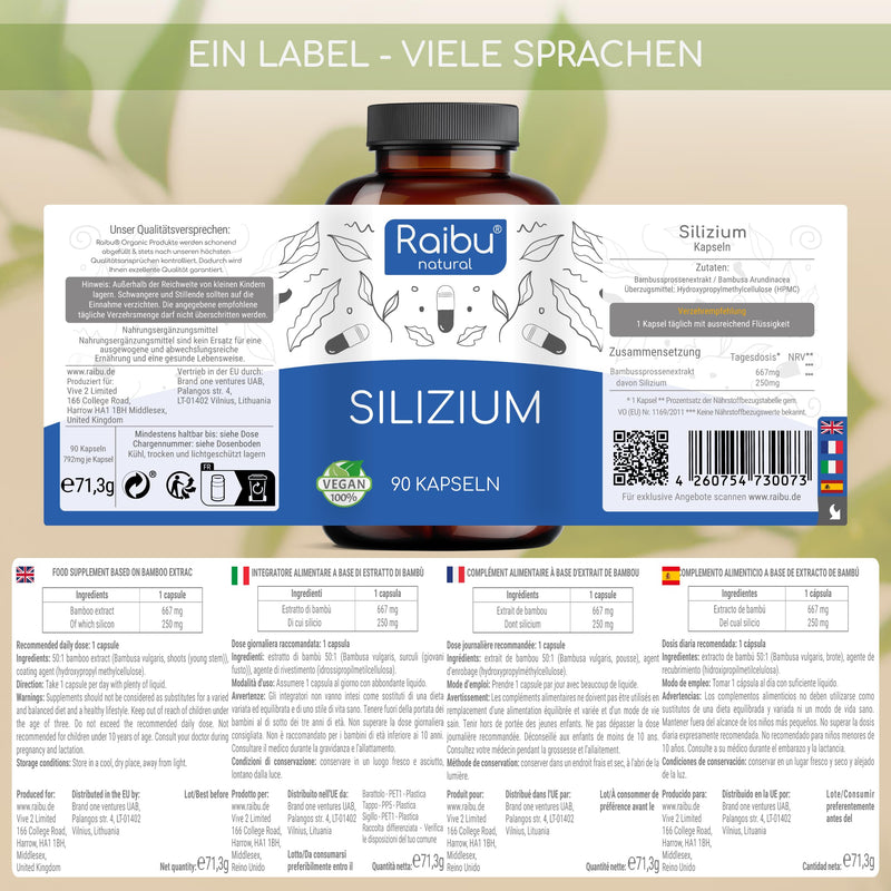 Raibu high-dose silicon capsules - 90 capsules for 3 months - 667mg - high-dose organic silica made from bamboo extract per capsule - no additives, vegan produced in Germany - NewNest Australia