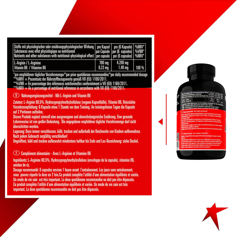 Arginine Caps, 200 Capsules High Dose, 100% Purest L-Arginine Base In Pharmacopoeia Quality For Maximum Nutrient Supply, Natural, Vegetable, Vegan, Made In Germany - NewNest Australia