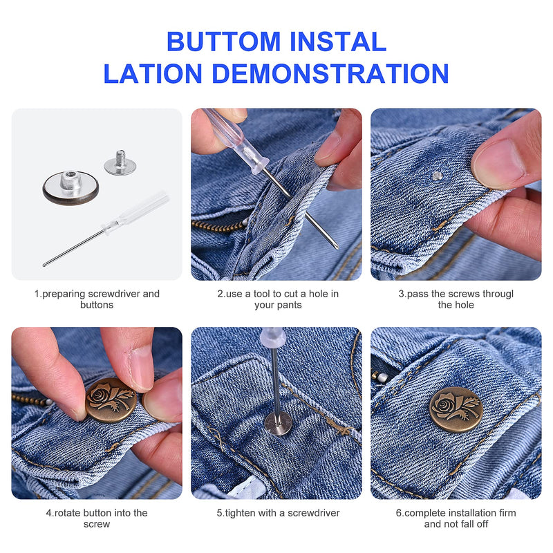 12 Sets Adjustable Buttons for Jeans, 20mm No Sew Instant Metal Buttons, Removable Jean Buttons Replacement Repair Kit with Threads Rivets and Screwdriver - NewNest Australia