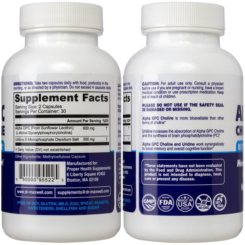 Alpha GPC 600mg + Uridine, a Choline Enhancer. Better Than Alpha-GPC or Uridine Аlone. Best Alpha GPC Choline: 2in1, Soy Free, No Fillers, USA. Best Choline Form, 60 Pills, Money Back Guarantee - NewNest Australia