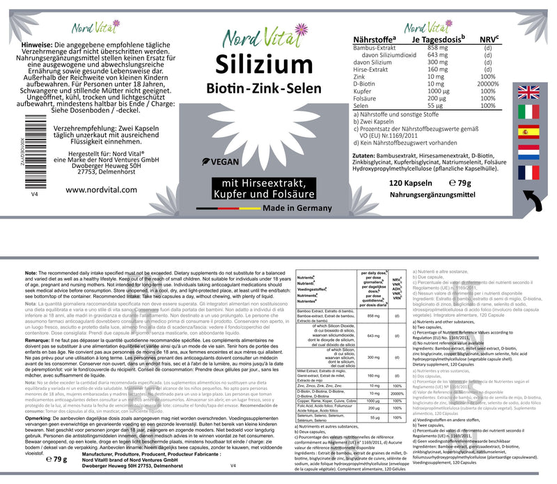 High-dose silicon from bamboo extract (858 mg), millet extract, biotin, zinc, selenium, copper, and folic acid - organic silicon with high bioavailability - 120 capsules - vegan - German production - NewNest Australia