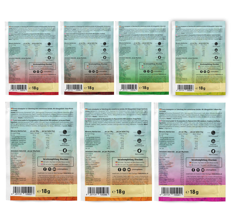 Clear Protein Vegan SAMPLE PACKAGE - 7x18g mix pack with Ice Tea Peach, Tropical Fruits, Green Apple, Strawberry Kiwi, Cola, Orange and Cherry - 7 wholesome portions with 10 grams of protein each Sample pack (7 flavors) 18 g (7 pieces Pack) - NewNest Australia