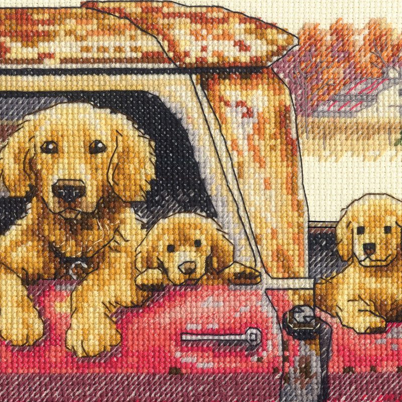 Dimensions Golden Ride Dog Cross Stitch Set, 14" x 10", 14 Count Ivory Aida 4 Piece - NewNest Australia