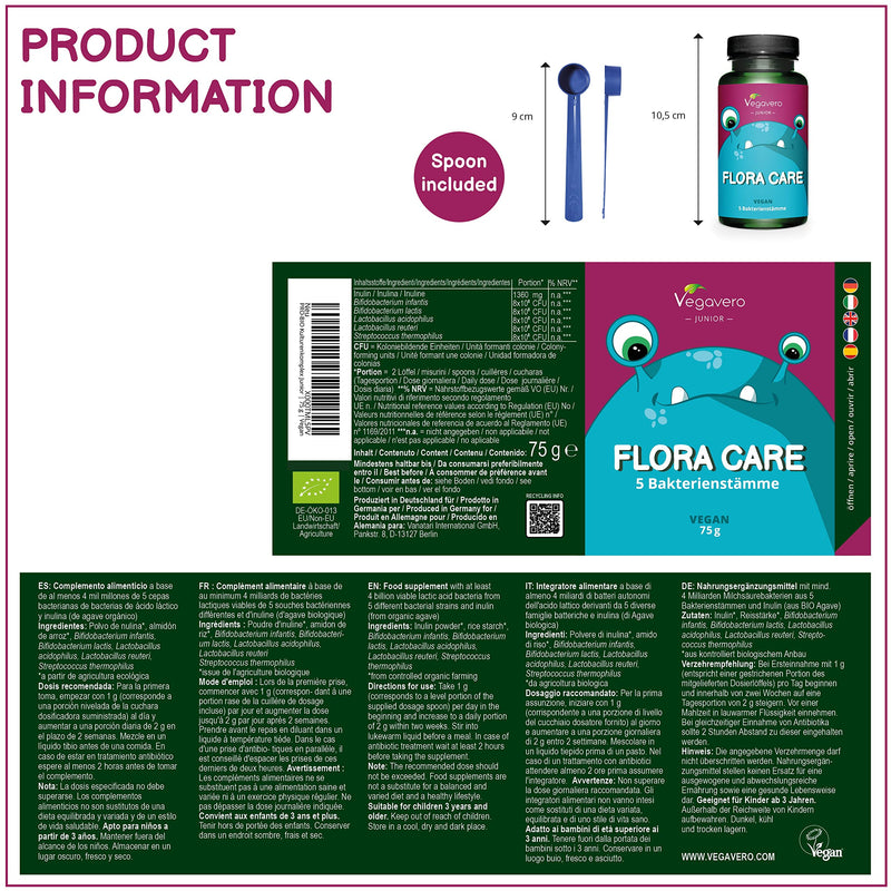 Flora Care Junior Vegavero, 100% Organic, 75 G Powder, Intestinal Bacteria For Children, 5 Strains With Lactobacillus, Bifidobacterium And Inulin, From 3 Years, Vegan - NewNest Australia