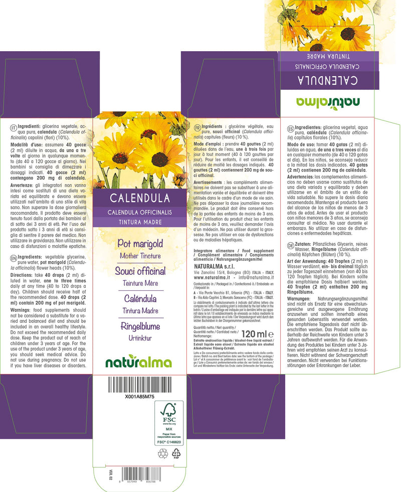 Pot Marigold (Calendula officinalis) Flower Heads Alcohol-Free Mother Tincture Naturalma | Liquid Extract Drops 120 ml | Food Supplement | Vegan 120 ml (Pack of 1) - NewNest Australia
