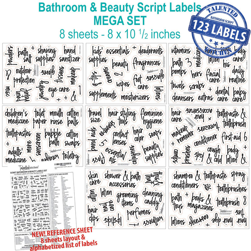 NewNest Australia - Talented Kitchen Script Bathroom Organization Labels – 123 Bath, Beauty & Makeup Preprinted Stickers. Water Resistant, Canister & Bins Labels. Vanity & Storage Decals (Script Bath – 123 Black Labels) Black Bathroom & Makeup Labels 