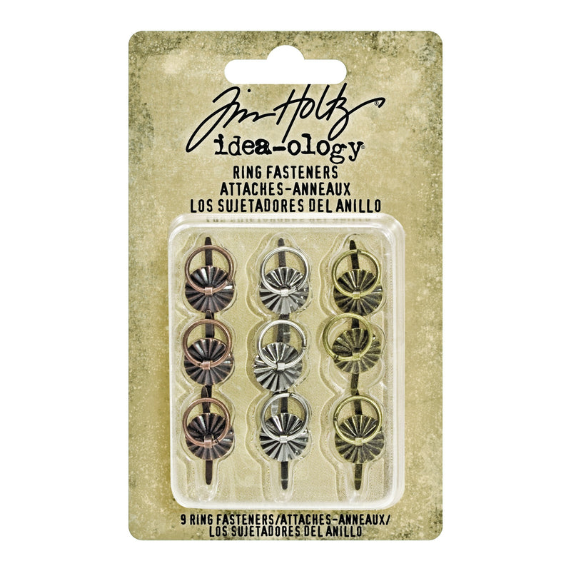 Tim Holtz Idea-ology Ring Fasteners, 9 Brad Fasteners with Fluted Tops and Attached Jump Rings, Nickel, Brass, Copper, Craft Embellishments, TH93060 - NewNest Australia