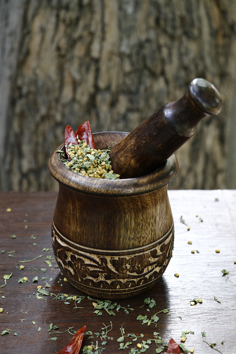 NewNest Australia - GoCraft Wooden Carved Mortar and Pestle | Grinder for Herbs, Spices and Kitchen Usage, Natural Mango Wood Engraved | Handmade Mortar and Pestle - 3.5 in 
