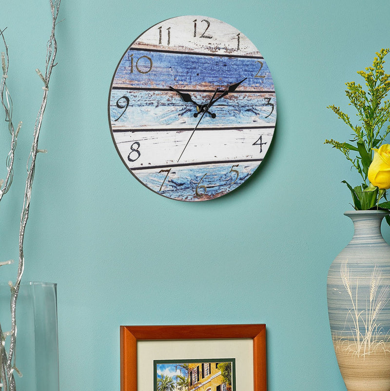 NewNest Australia - Bernhard Products Rustic Beach Wall Clock 12" Round, Silent Non Ticking Quartz - Battery Operated, Fiberboard Wooden Look, Vintage Shabby Beachy Ocean Coastal Paint Boards Nautical Decorative Clocks 12 Inch 