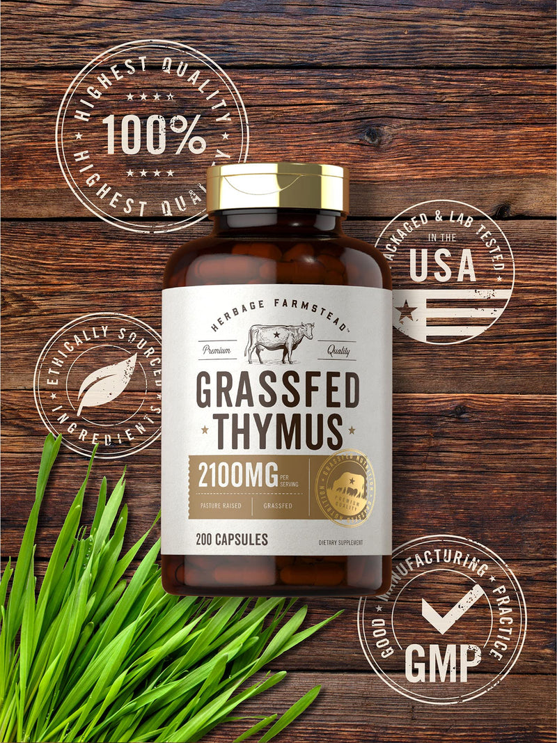 Grass Fed Beef Thymus 2100mg | 200 Capsules | Desiccated Pasture Raised Bovine Supplement | Non-GMO, Gluten Free | by Herbage Farmstead - NewNest Australia