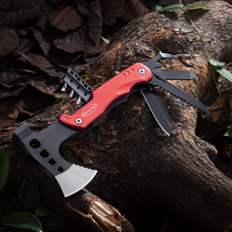 RoverTac Multitool Lockable Camping Axe Survival Gear Unique Gifts for Men Dad Husband Boyfriend 11 in 1 Upgraded Multi Tool with Hammer Knife Saw Screwdrivers Bottle Opener Durable Sheath Red - NewNest Australia