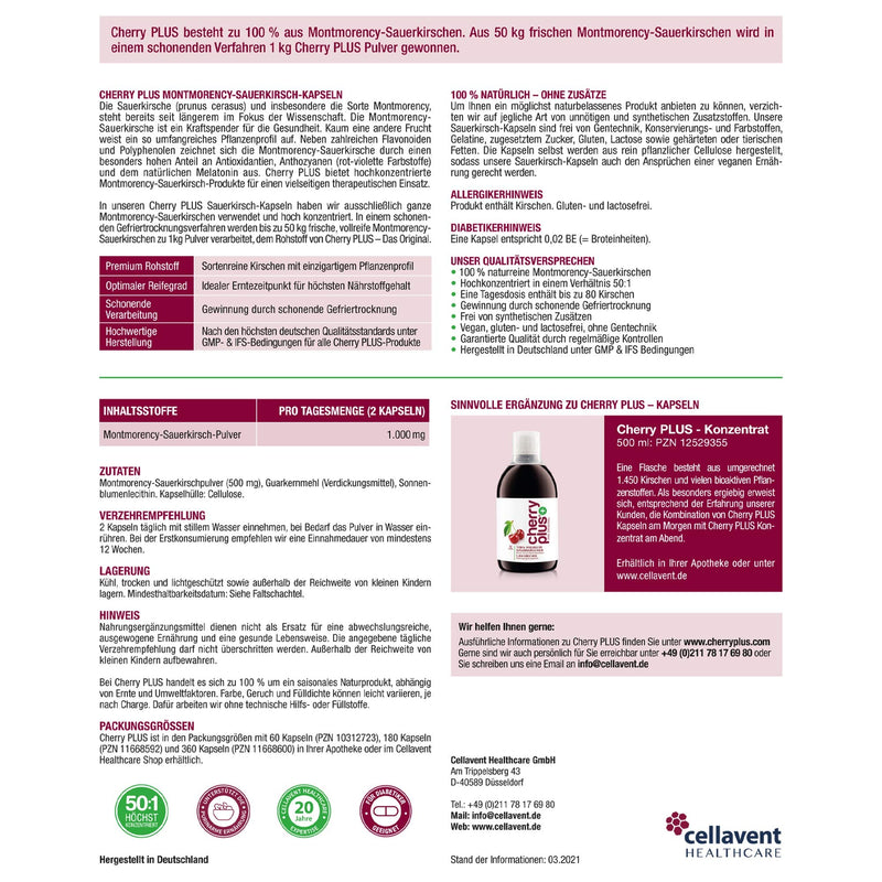 Montmorency sour cherry capsules - high dosage (50:1) - Cherry PLUS - 1,200mg sour cherry extract per daily dose - German, pharmaceutical quality - 1 month - 60 pieces 60 pieces (pack of 1) - NewNest Australia