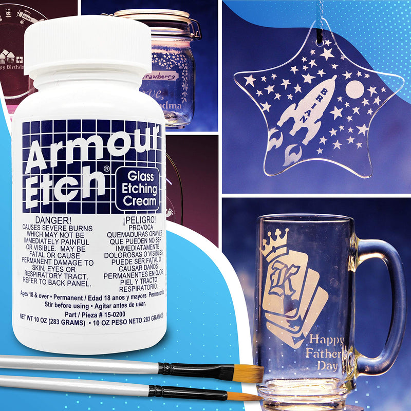 Armour Etch Glass Etching Cream Kit - Create Permanently Etched Designs - 10oz Net Weight - Bundled with Moshify Application Brushes - NewNest Australia