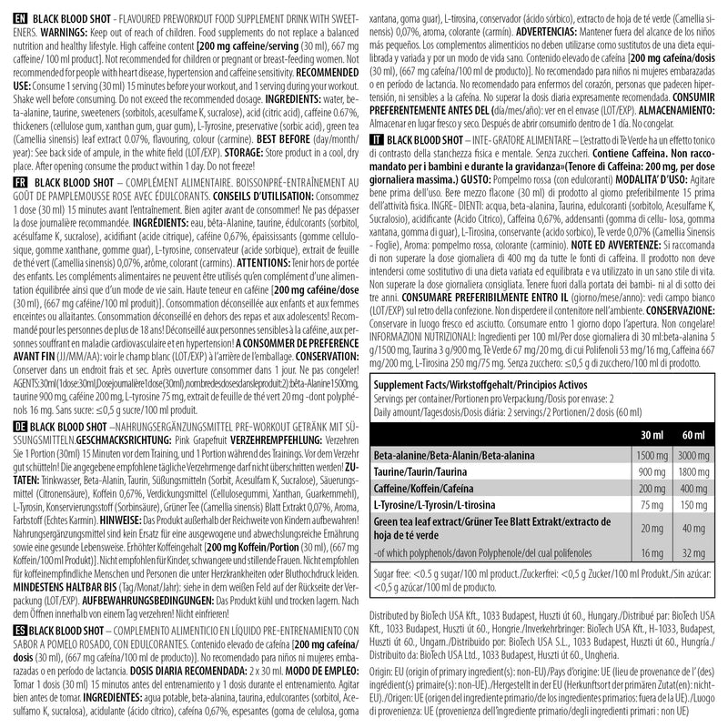 BioTechUSA Black Blood Shot Flavoured, Sugar-Free pre-Workout Formula with Different Kinds of Amino acids, Green Tea Extract, sweeteners and Caffeine, 20*60 ml, Pink Grapefruit - NewNest Australia