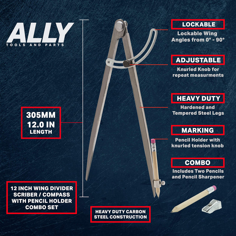ALLY Tools 12 Inch Precision Wing Divider Scribe Tool/Woodworking Compass with Pencil Holder INCLUDES Two Pencils and Pencil Sharpener Ideal for Drawing Circles, Geometry, Metal, Wood and Leather - NewNest Australia