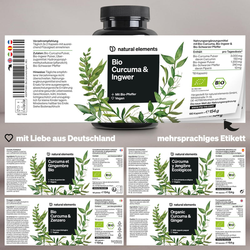 Natural Elements Organic Curcuma & Ginger - 180 Capsules - Organic Turmeric, Organic Ginger & Organic Pepper - With Curcumin & Piperine - High Dosage - Produced In Germany & Laboratory Tested Vegan - NewNest Australia