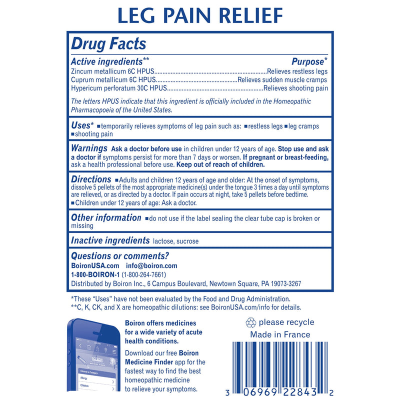 Boiron Leg Pain Relief, 3 Pack of 80-Pellet Tubes, Zincum metallicum 6C Cuprum mettalicum, 6C Hypericum perforatum 30C, Homeopathic Medicine to Relieve Restless Legs Leg Cramps and Shooting Pain, Blue - NewNest Australia