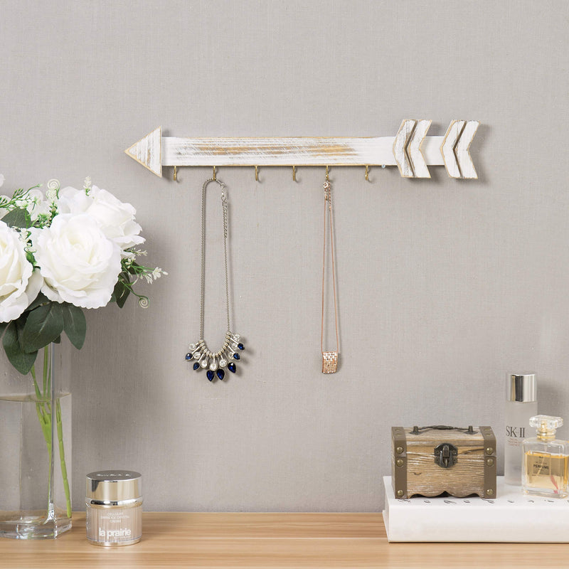 MyGift Wall Mounted Shabby Chic Whitewashed Wood Arrow Jewelry Organizer, 6-Hook Necklace Hanging Rack - NewNest Australia