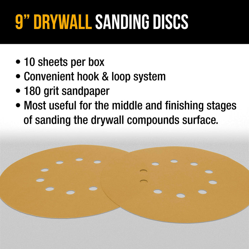 Dura-Gold Premium 9" Drywall Sanding Discs - 180 Grit (Box of 10) - 10 Hole Pattern Sandpaper Discs with Hook & Loop Backing, Fast Cutting Aluminum Oxide Abrasive - For Drywall Power Sander, Sand Wood 180-Grit - NewNest Australia