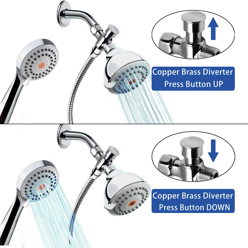 YOO.MEE Shower Arm Diverter for Fixed Shower Head and Handheld Shower Combo Together, Solid Brass, w/ 1/2'' Standard Connections, Pressing Button to Switch Shower Model, Polished Chrome - NewNest Australia