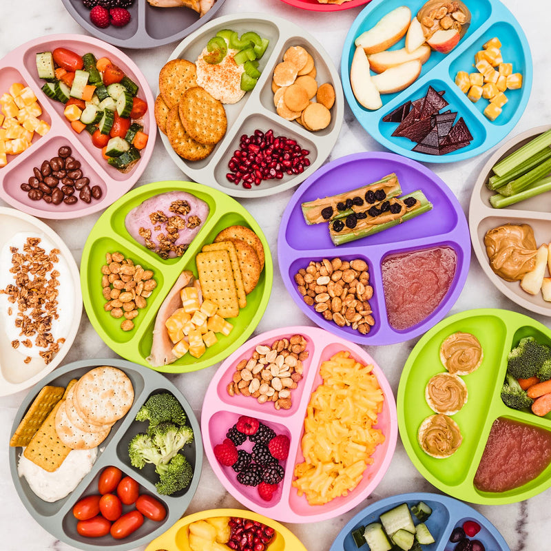 WeeSprout 100% Silicone Plates for Toddlers | 3 Pc Set | Divided Baby Plates | Non-Toxic, BPA Free | Dishwasher & Microwave Friendly | Skidproof & Unbreakable| Silicone Kids Plates with Dividers Bright Green, Blue & Grey Without Lids - NewNest Australia