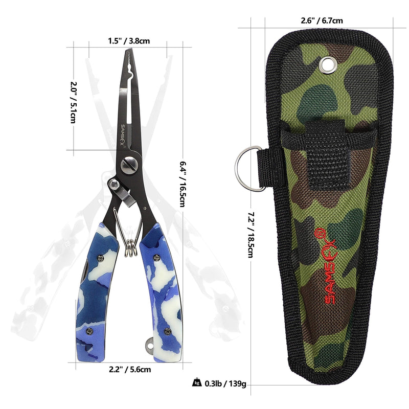 SAMSFX Locking Fishing Pliers Saltwater Resistant Teflon Coated Briad Line Cutters with Wire Coiled Lanyard, Sheath & Quick Knot Tool Combo Blue Camouflage - NewNest Australia