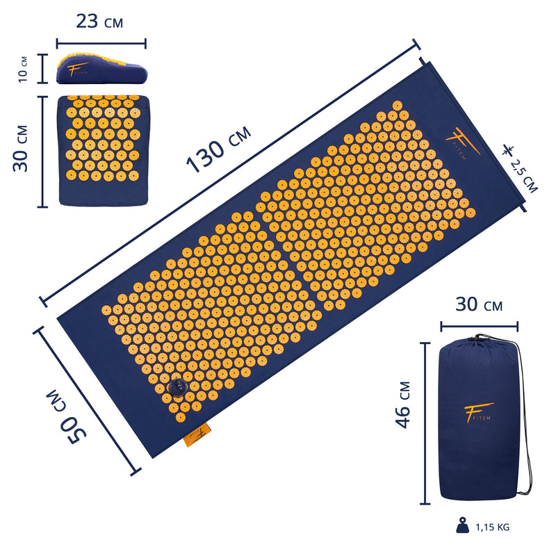 Acupressure Set Xl Fitem - Acupressure Mat + Pillow + Massage Ball - Relieves Back And Neck Pain - Sciatica - Back Massage - Muscle Relaxation - Post Sport Recovery (Blue/Orange) - NewNest Australia