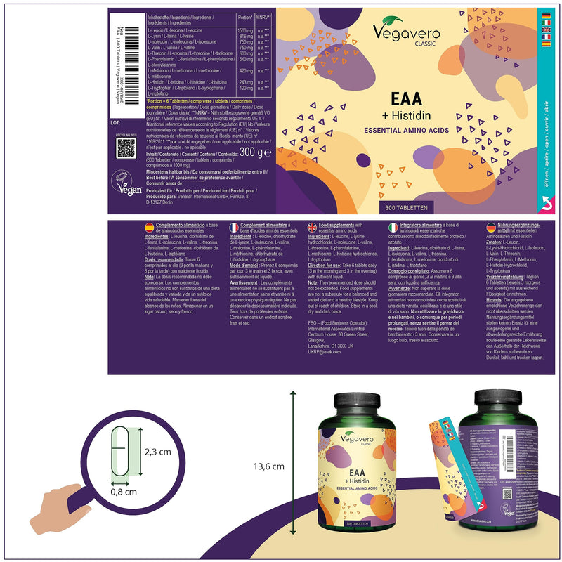 Eaa Tablets Vegavero | 100% Natural - Not Synthetic | All 8 Eaas Including Bcaa (2:1:1) + Histidine | Vegan | 1000 Mg Amino Acids Per Tablet | No Additives | 300 Tablets - NewNest Australia