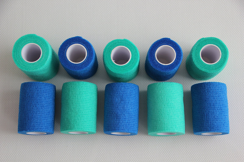 PintoMed - 5 BLUE + 5 GREEN Cohesive Bandage Stretched 10 Rolls x 7.5cm x 4.5m Self-adhesive Flexible Bandages, Professional Quality, First Aid Sports Wrap Bandages - Pack of 10 - NewNest Australia