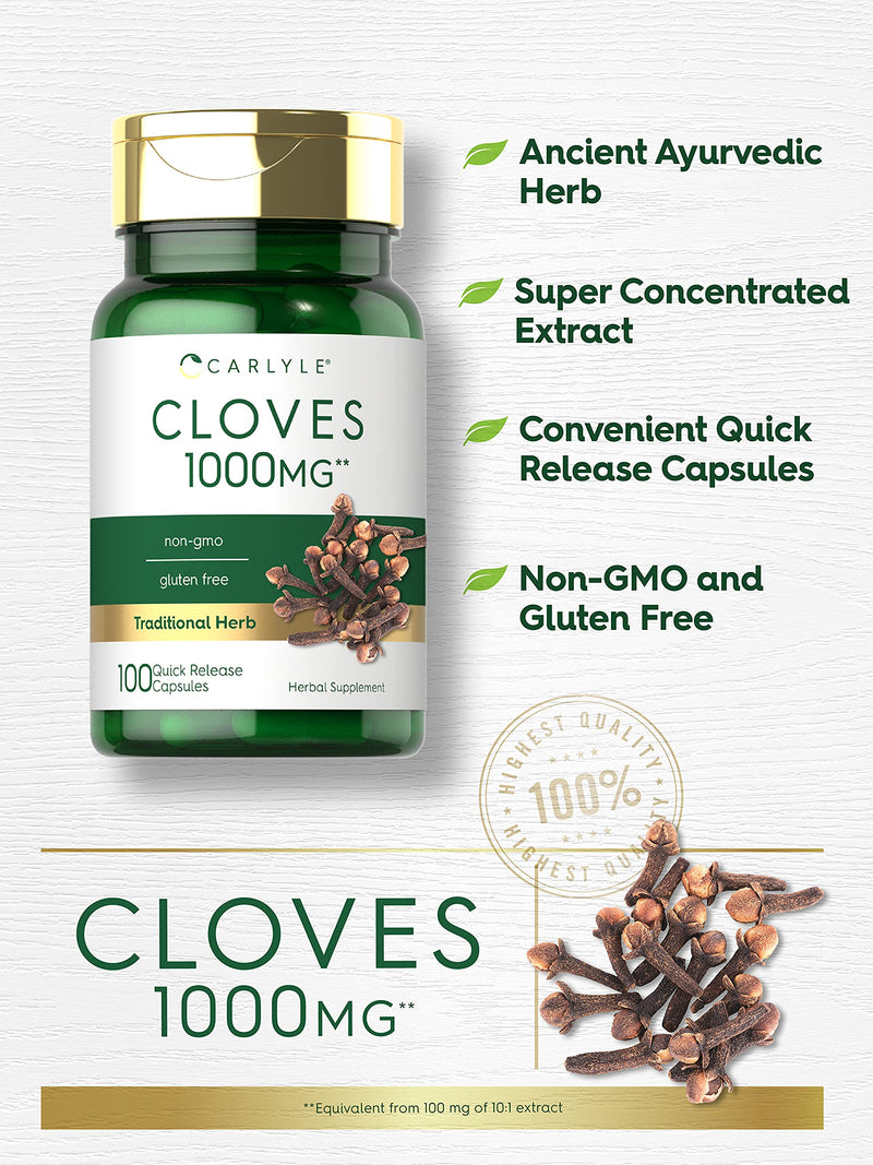 Cloves Supplement | 1000mg | 100 Capsules | Non-GMO, Gluten Free | by Carlyle - NewNest Australia