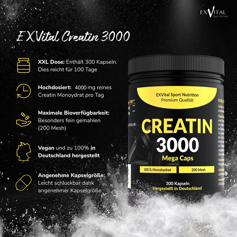 Creatine 3000 Mega Caps, Workout Booster, 3000 mg Creatine Monohydrate per Daily Dose, 300 Vegan Capsules, 100% Pure with Mesh Factor 200 - Halal & Vegan - NewNest Australia