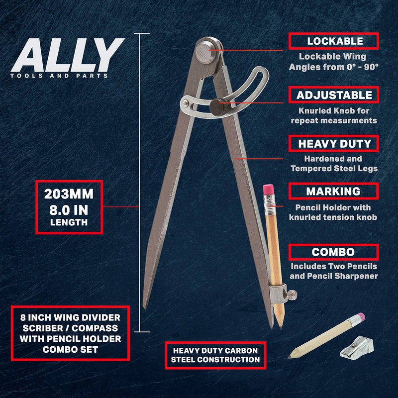 ALLY Tools 8 Inch Precision Wing Divider Scribe Tool/Woodworking Compass with Pencil Holder INCLUDES Two Pencils and Pencil Sharpener Ideal for Drawing Circles, Geometry, Wood, Metal, and Leather - NewNest Australia