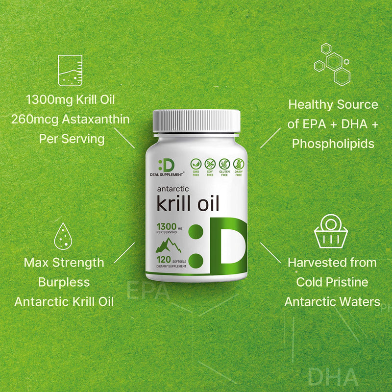 Antarctic Krill Oil Supplement 1300mg, Burpless | High Potency | Mercury Free | Krill Oil Softgels with Omega-3s EPA, DHA and Astaxanthin & Phospholipids, Non GMO, No Gluten (120 Count) - NewNest Australia