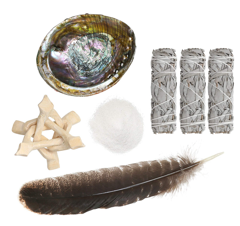 NewNest Australia - Sage Smudge Kit - White Sage Smudge Sticks - 4in ~ Abalone Shell 5-6in ~ 2in Tripod Stand ~ 9-12in Feather and White Sand 