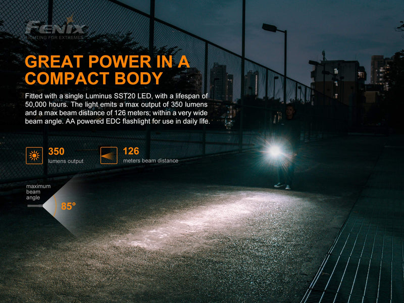 Fenix E20 V2 350 Lumen LED Tactical Flashlight with Two EdisonBright AA Alkaline Batteries - NewNest Australia