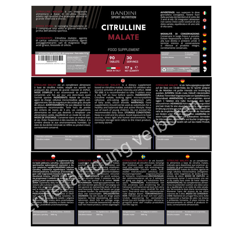 Bandini Citrulline Malate 90 Tablets - Extra High Dosage With 1000 Mg Per Tablet - 3000 Mg Per Serving - L-Citrulline Malate From Fermentation - No Unwanted Additives - NewNest Australia