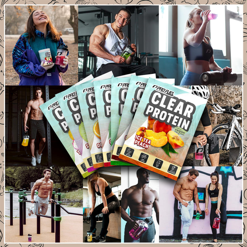 Clear Protein Vegan SAMPLE PACKAGE - 7x18g mix pack with Ice Tea Peach, Tropical Fruits, Green Apple, Strawberry Kiwi, Cola, Orange and Cherry - 7 wholesome portions with 10 grams of protein each Sample pack (7 flavors) 18 g (7 pieces Pack) - NewNest Australia