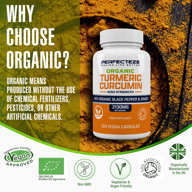Organic Turmeric Curcumin High Strength and Black Pepper with Ginger 120 Veg Capsules 2130MG Advanced Turmeric with Active Ingredient Curcumin Organic Vegan 120 Capsules (3 Month Supply) - NewNest Australia