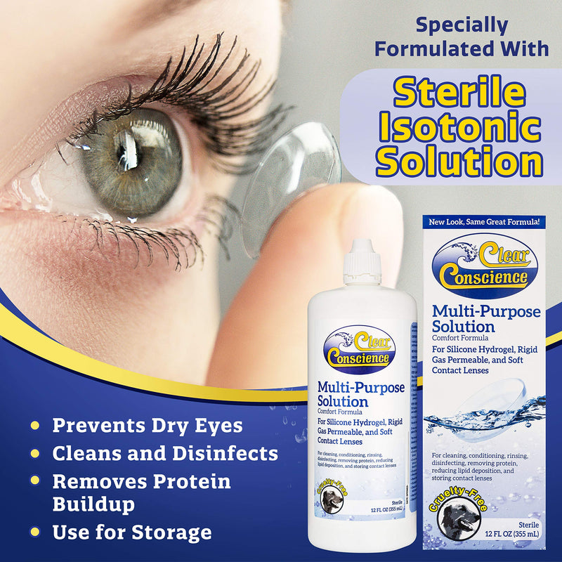 Clear Conscience Contact Lens Solution, Contact Solution & Saline Solution for Complete Eye Solution - Multipurpose Solution for Contact Lenses with Cruelty Free Instruction Guide, 12oz (Pack of 1) 12 Fl Oz (Pack of 1) - NewNest Australia