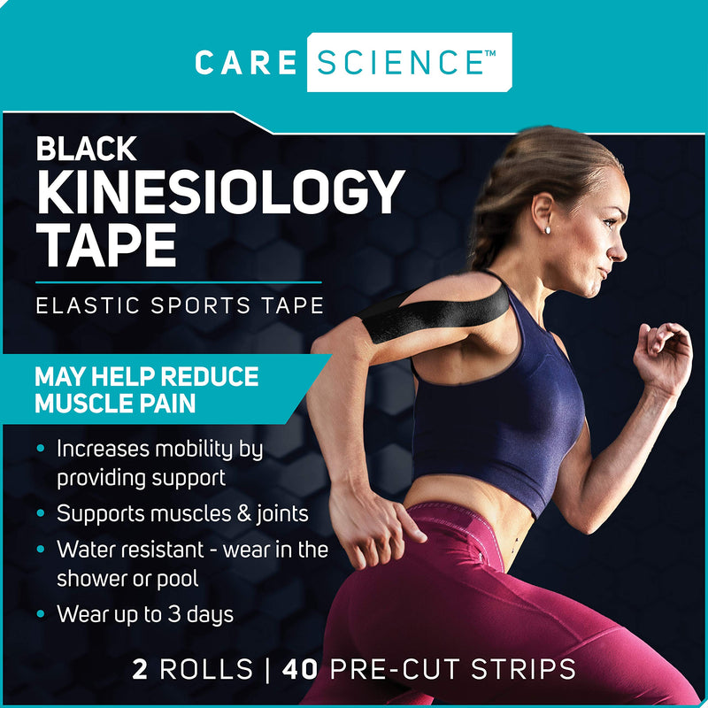 Care Science Waterproof Kinesiology Tape, 40 ct Precut Strips (2 Rolls), Black | Elastic Sports & Weightlifting Tape Supports Muscles & Joints. Water Resistant - NewNest Australia