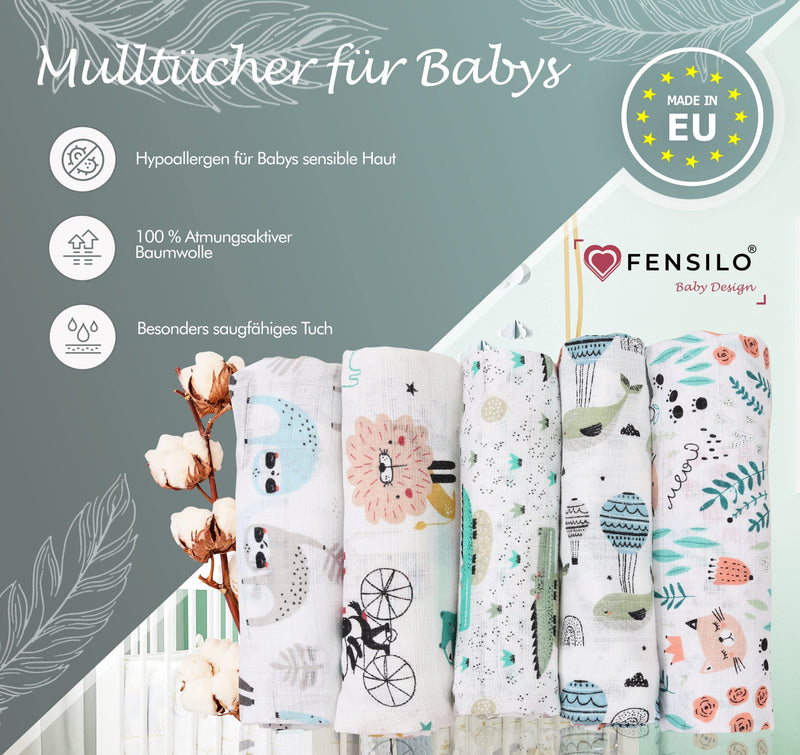 Fensilo Baby Burp Cloths - Muslin Cloths - Cloth Diapers - Pack Of 5 70 X 80 Cm Made In Eu, Tested For Harmful Substances - Burp Cloths Baby Boy Girl Cloth With Cat - Crocodile - White - F5/4 80 X 70 Cm (Pack Of 5) - NewNest Australia