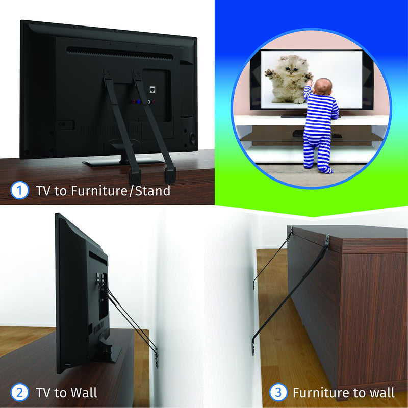 Anti Tip Furniture Anchor & TV Straps w/Ultra-Strong Mounting Hardware & Safety Stud Finder Locks-in Heavy Objects for Instant Earthquake, Child & Baby Proofing (Black, 4 Straps + Stud Finder) Black - NewNest Australia