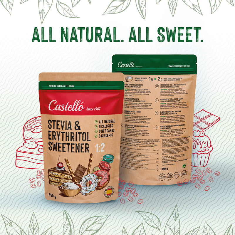 Stevia + Erythritol 1:2 Sweetener | 1G = 2G Sugar | 100% Natural Sugar Substitute - 0 Calories - 0 Glycemic Index - Keto And Paleo - 0 Net Carbs - No Gmo - Castello Since 1907 - 850 G - NewNest Australia