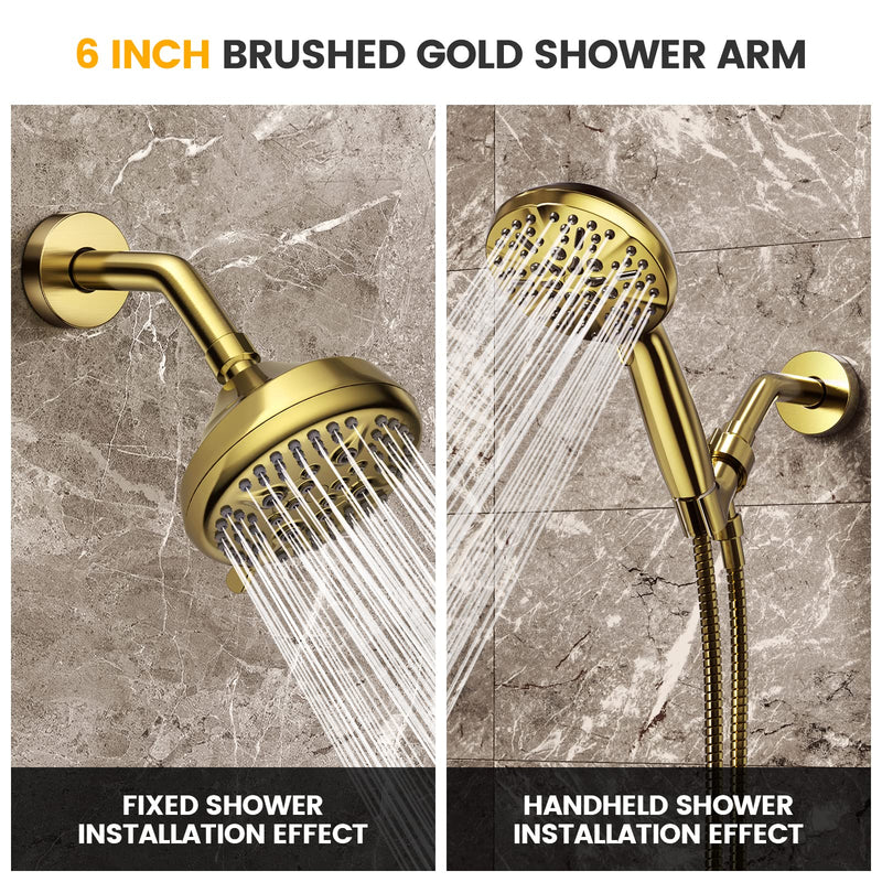 YASFE Brushed Gold Shower Arm 6" Shower Extension Arm Pipe with Flange and Teflon Tape for Shower Head & Handheld Shower Head(SUS 304, Brushed Gold,NPT) - NewNest Australia